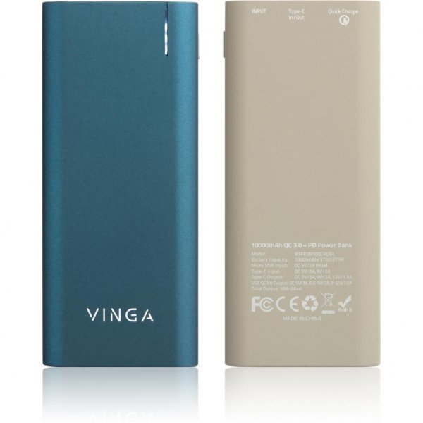 Батарея універсальна Vinga 10000 mAh QC3.0 PD soft touch blue (BTPB3810QCROBL)