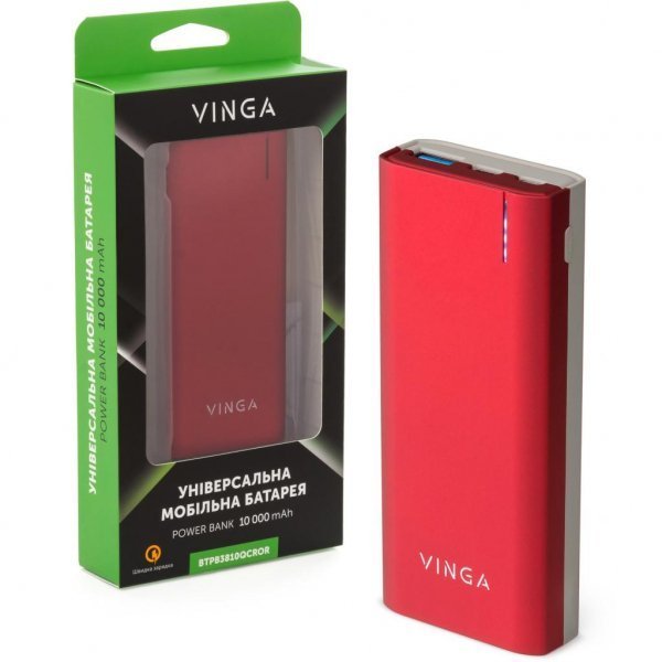 Батарея універсальна Vinga 10000 mAh QC3.0 PD soft touch red (BTPB3810QCROR)