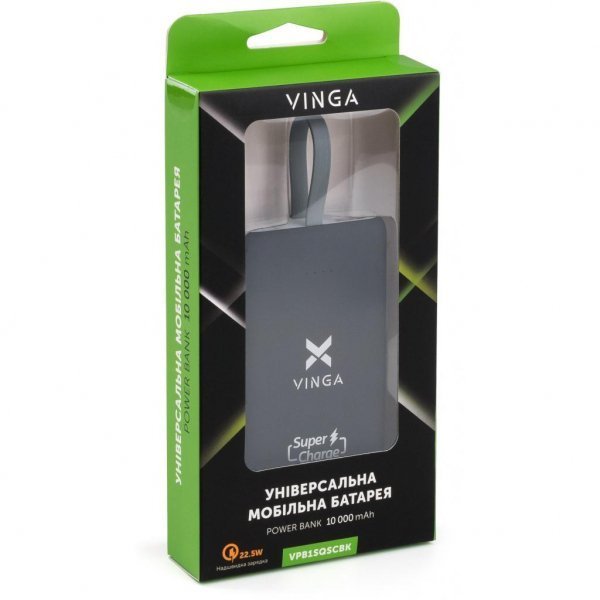 Батарея універсальна Vinga 10000 mAh SuperQC soft touch w/cable black (VPB1SQSCBK)