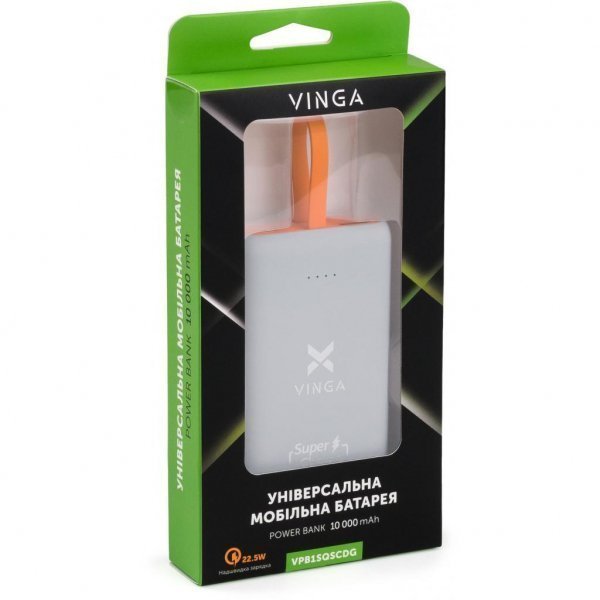 Батарея універсальна Vinga 10000 mAh SuperQC soft touch w/cable dark grey (VPB1SQSCDG)