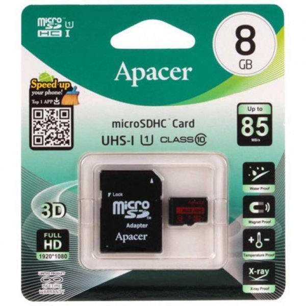Карта пам'яті Apacer 8GB microSDHC Class10 UHS-I (AP8GMCSH10U5-R)
