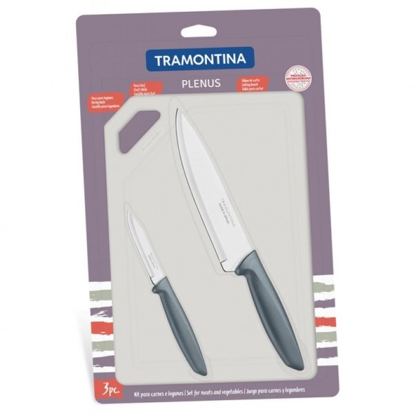 Набір ножів Tramontina Plenus 3 предмети (з дощечкою) Grey (23498/614)
