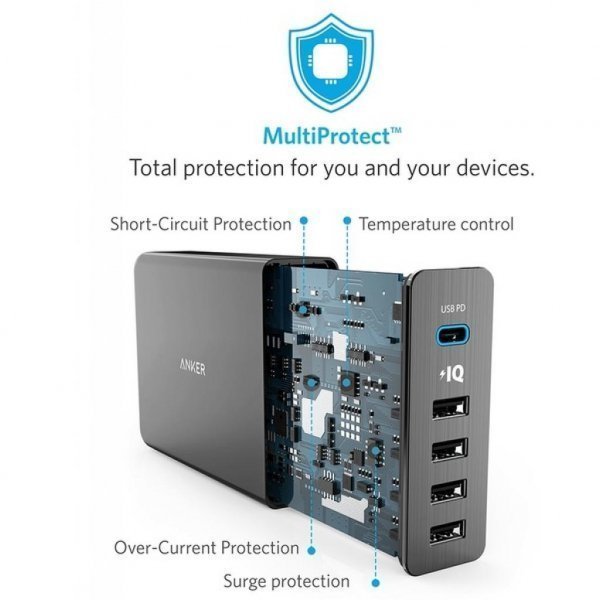 Зарядний пристрій Anker PowerPort+ 5 - 60W 1xPD & 4xPIQ V3 (Black) (A2053L11/A2053G11)