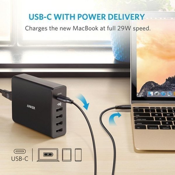 Зарядний пристрій Anker PowerPort+ 5 - 60W 1xPD & 4xPIQ V3 (Black) (A2053L11/A2053G11)