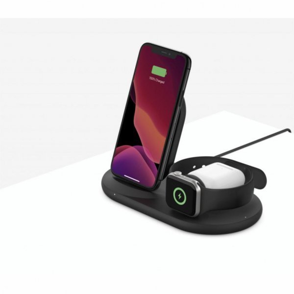 Зарядний пристрій Belkin 3-in-1 Wireless Pad/Stand/Apple Watch, black (WIZ001VFBK)