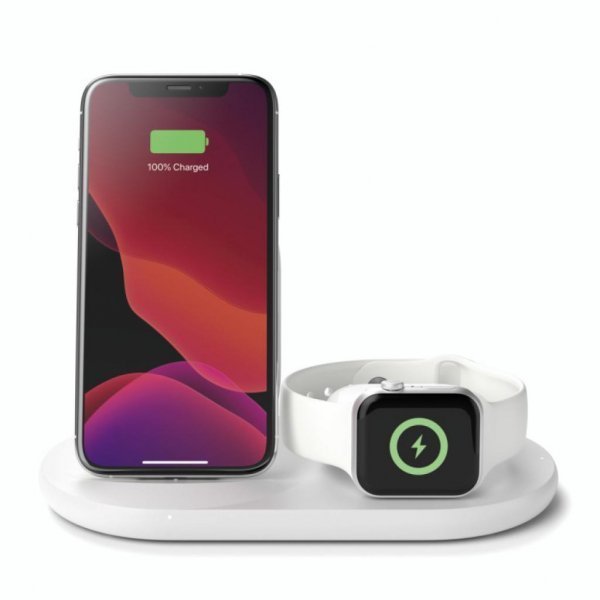 Зарядний пристрій Belkin 3-in-1 Wireless Pad/Stand/Apple Watch, white (WIZ001VFWH)