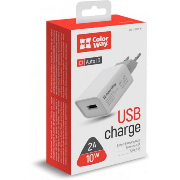 Зарядний пристрій ColorWay 1USB AUTO ID 2A (10W) (CW-CHS012-WT) Зарядний пристрій ColorWay 1USB AUTO ID 2A (10W) (CW-CHS012-WT)