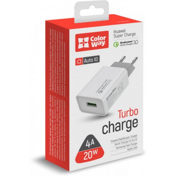 Зарядний пристрій ColorWay 1USB Huawei Super Charge/Quick Charge 3.0, 4A (20W) (CW-CHS014Q-WT)