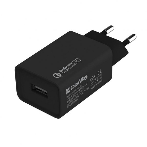Зарядний пристрій Colorway 1USB Quick Charge 3.0 (18W) Black (CW-CHS013Q-BK)