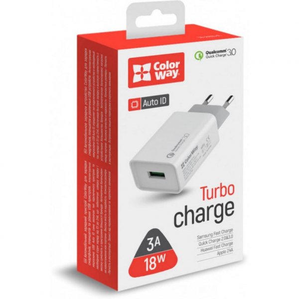 Зарядний пристрій ColorWay 1USB Quick Charge 3.0 (18W) (CW-CHS013Q-WT)