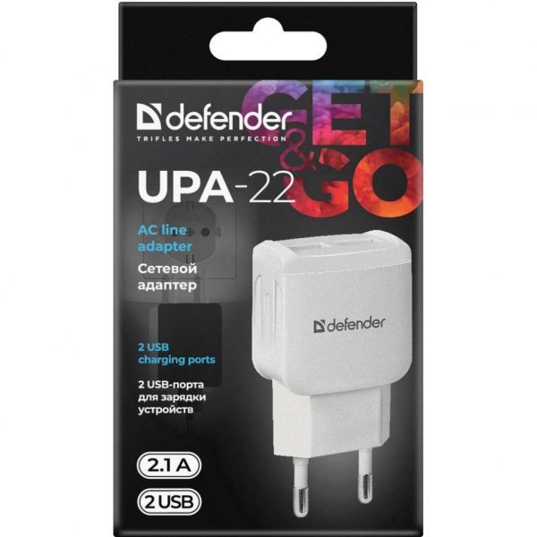 Зарядний пристрій Defender UPA-22 white, 2xUSB, 2.1A (83580)