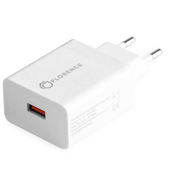 Зарядний пристрій Florence 1USB QC 3.0 + Lightning кабель White (FL-1050-WL)