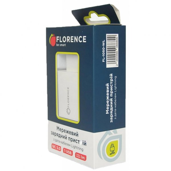 Зарядний пристрій Florence 1USB QC 3.0 + Lightning кабель White (FL-1050-WL)