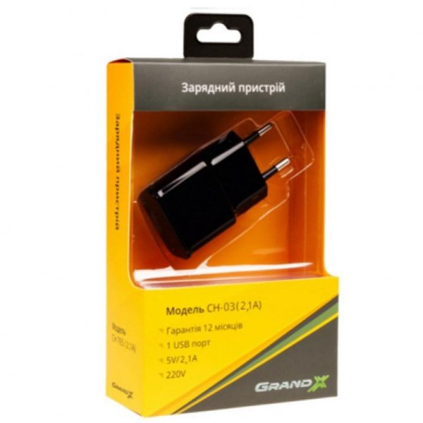 Зарядний пристрій Grand-X 1*USB, 2,1A, Black, кабель USB Lightning, Cu, 2.1А, 1m (CH03LTB)
