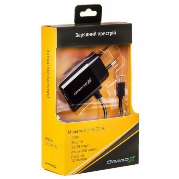 Зарядний пристрій Grand-X 5V 2,1A 2USB + micro USB Black (CH-35B)