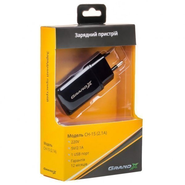 Зарядний пристрій Grand-X 5V 2,1A USB Black (CH-15B)