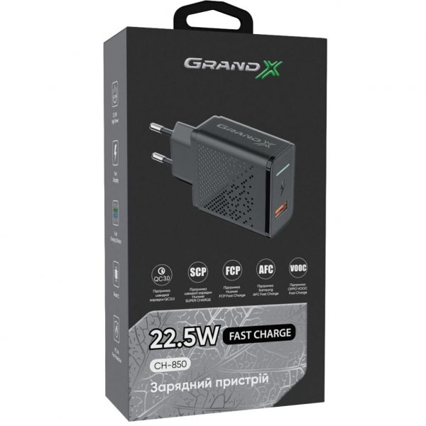 Зарядний пристрій Grand-X Fast Charge 5-в-1 QC 3.0, AFC, SCP,FCP, VOOC, 1 USB 22.5W (CH-850) Зарядний пристрій Grand-X Fast Charge 5-в-1 QC 3.0, AFC, SCP,FCP, VOOC, 1 USB 22.5W (CH-850)