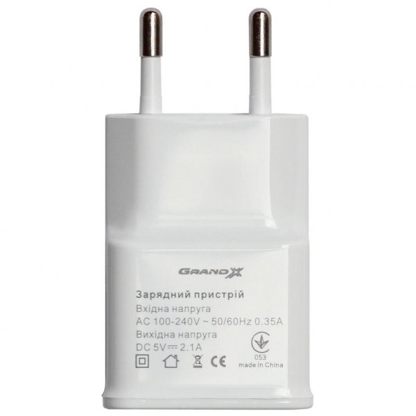 Зарядний пристрій Grand-X USB 5V 2,1A White + кабель USB -> Lightning, Cu (CH03LTW)